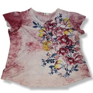 Terra & Sky Womens Pink Y2K Streetwear Floral Casual Short Sleeve Shirt